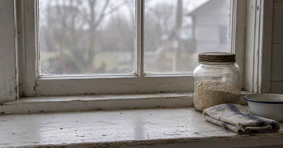 A sunlit kitchen windowsill with peeling white paint, a jar and a folded cloth beside it